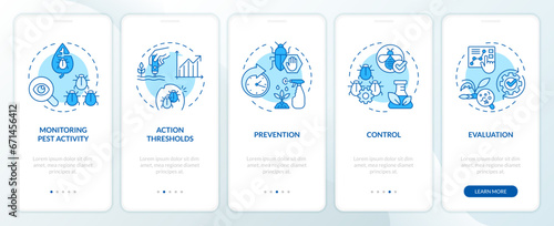 2D icons representing integrated pest management mobile app screen set. Walkthrough 5 steps blue graphic instructions with thin line icons concept, UI, UX, GUI template.