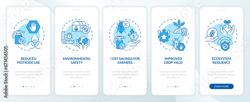2D icons representing integrated pest management mobile app screen set. Walkthrough 5 steps blue graphic instructions with linear icons concept, UI, UX, GUI template.
