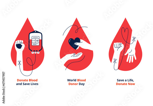 Blood donation concepts. Giving and transfusion of blood, helping people. Vector flat illustrations on a white background.