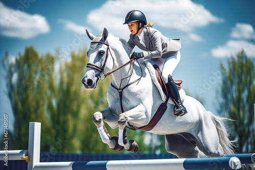 Side view of beautiful white and gray horse with a female jogger jumping over fence obstacle, training for a show jumping with horse