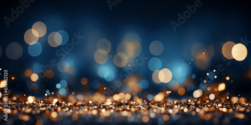 Festive magic gold flying glitter on Dark Blue Background with sparkles and New Year's bokeh for cards or wallpapers