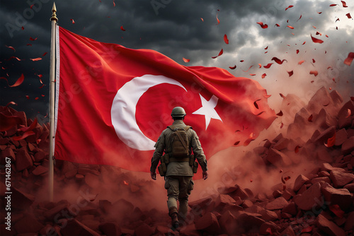 A man in military uniform walks towards the flag of Turkey, war concept.