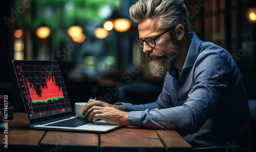 Diligent Broker Seeks Success by Analyzing Financial Markets on Laptop