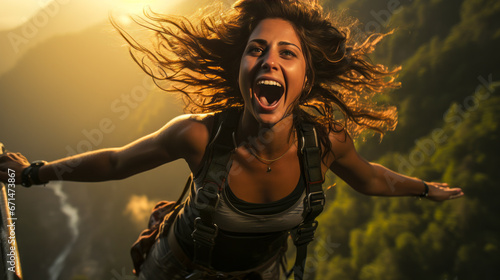Woman bungee jumping at high speed with motion blur.