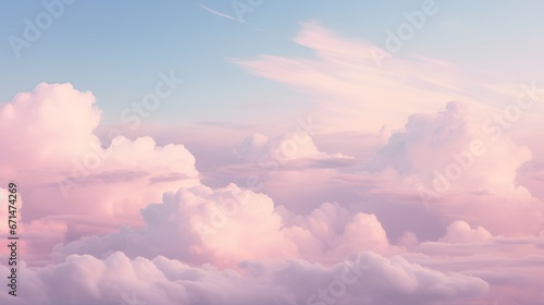 Clouds background in soft, warm, pastel and neutral colors. Aesthetic minimalism wallpaper for social media content. View of sky above clouds. Serene, calming backdrop. Tranquility and simplicity.