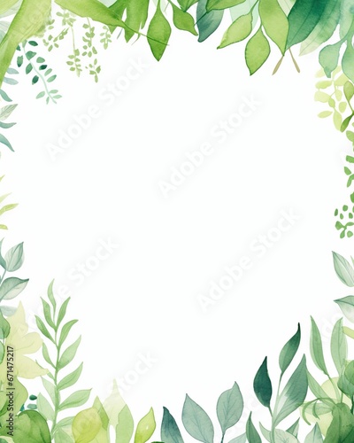 Watercolor leafy frame border empty page white background