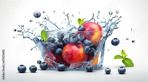 Blueberries splashing in a bowl with water splashing around them