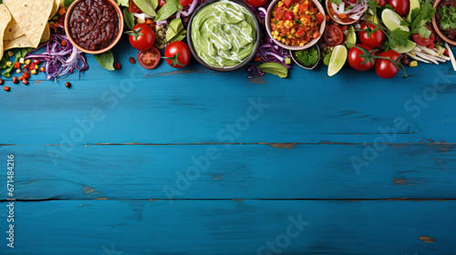 Mexican food top border. Overhead view on a blue wooden table