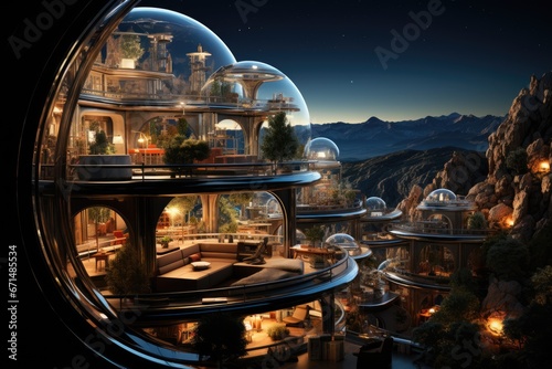 human settlement in alien world with green plants. Glass dome habitat. Generative AI
