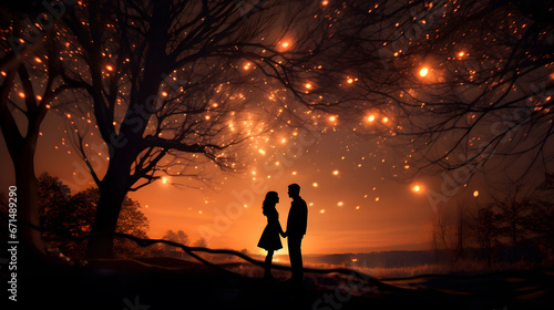 A couple gazing into each other's eyes beneath a canopy of twinkling stars, setting a lovely and dreamy scene for Valentine's Day.