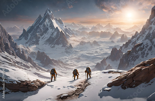 Three climbers in snowy mountains