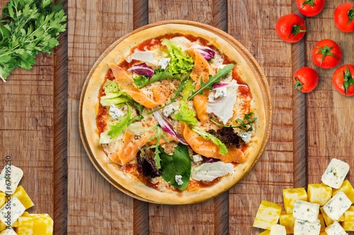 Tasty fresh pizza dish with spices,