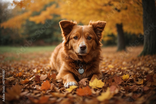 Autumn leaves falling on the ground behind a toller novascotian retriever working dog with floppy ears. Generative AI.