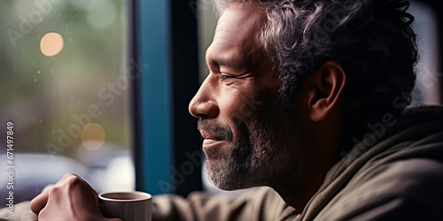 Morning Rituals: Man Sips Coffee While Gazing Out the Window