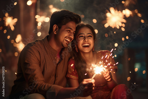 Happy young Indian couple having fun in the background of Diwali festival celebration. Diwali festival concept