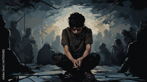 Depression and Anxiety Heavy Burden illustration .A boy of age 13 have a depression. 