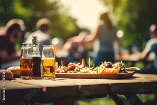 Beer and food on the table with the blurred people and picnic in the background. Generative AI