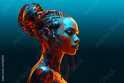 Young female woman robot face portrait side view in the style of modern cyberpunk on bark blue background. Futuristic concept