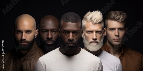 Multiracial men from the united states in a group, in the style of light white and dark amber. Success people Different races and religions