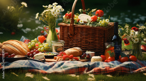 Picnic food on grass with basket
