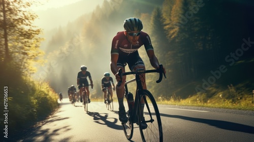 A vibrant and engaging photo showcasing athletes participating in an road bike sport event, Cyclist cycling down a hill in the forrest. View from the side. Trees in the background and foreground