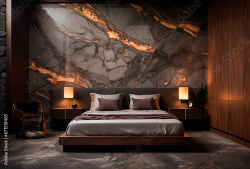 Dormitorio elegante con luz tenue - Pared ecleptica luces - Marmol habitacion con cama matrimonio lujo