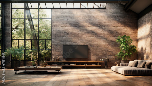 Salon interior con ventanal - Muro de ladrillo televisión - Luz natural plantas