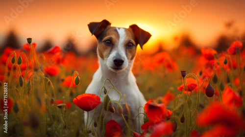 Jack russell terrier dog in poppies field at sunset