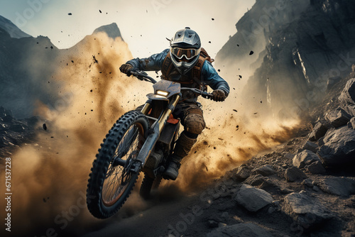 Fearless man tearing down a rugged trail on his extreme sports motorbike, sending dust and gravel flying in his wake. Ai generated