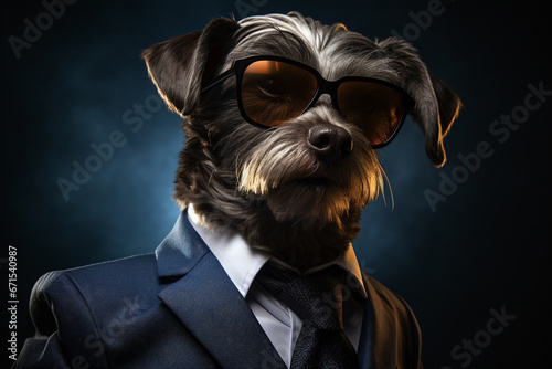 Dog dressed in a business suit, complete with stylish sunglasses. This dog executive exudes an air of authority and attitude. Ai generated
