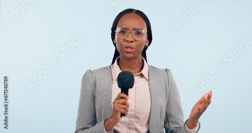 News reporter woman, microphone and studio portrait for speech, presentation or info by blue background. African journalist girl, mic and presenter with talk for update, global broadcast or tv show