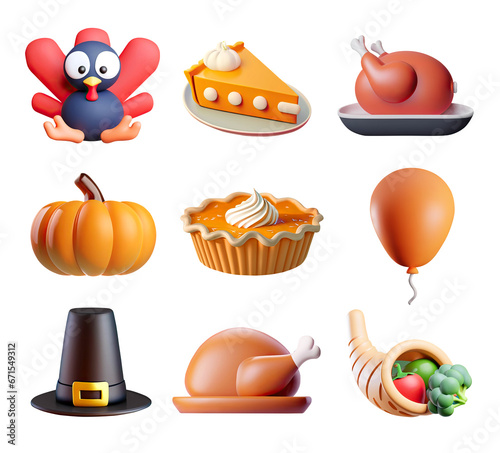 Thanksgiving 3D graphic elements, stickers collection. Thanksgiving symbols and decoration elements. Turkey, pumpkin, pilgrim hat, pumpkin pie and other illustrations collected in big set