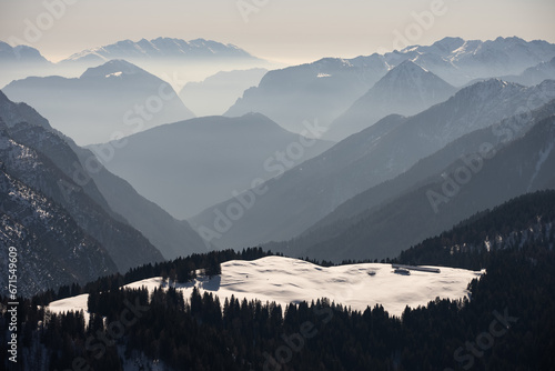 Winter view on dolomites alps in Italy. Pinzolo in winter sunny day. Val Rendena dolomites Italian alps, Trentino in Italy