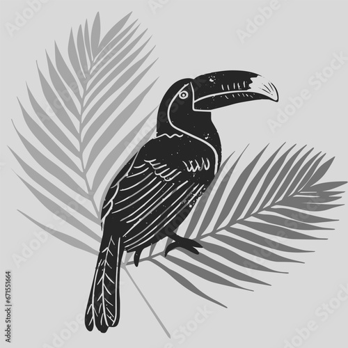 Toucan bird on a branch with tropical leaves background. Hand drawn vector illustration in vintage technique of linocut or woodcut stamped.