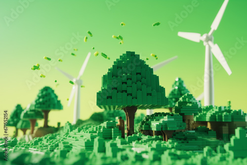 green fields with wind farms and solar panels 