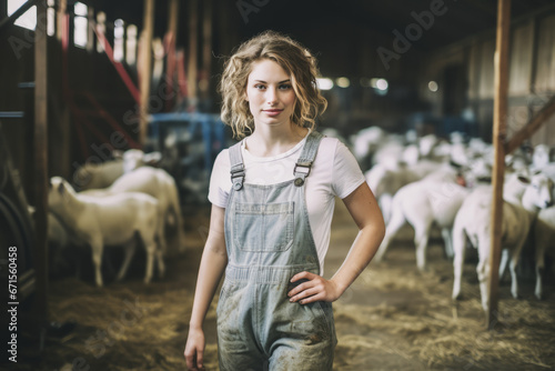 Young woman in overalls amongst sheep in dirty farm.