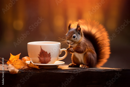 Squirrel with cup of coffee or tea in forest 