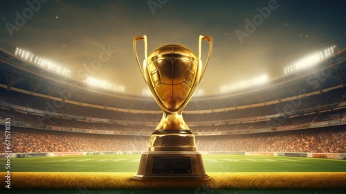 Sports Champion Big gold Trophy with sports stadium background