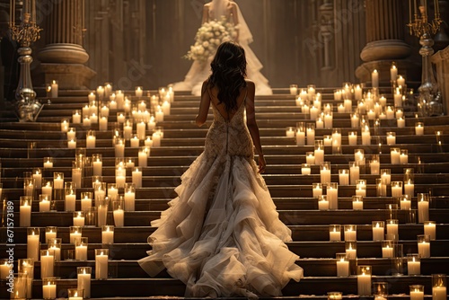 Panna młoda w białej sukni ślubnej na schodach ze świecami. 