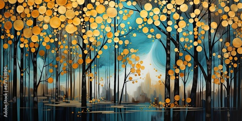 Abstrakcyjny obraz z lasem jesiennych drzew. 