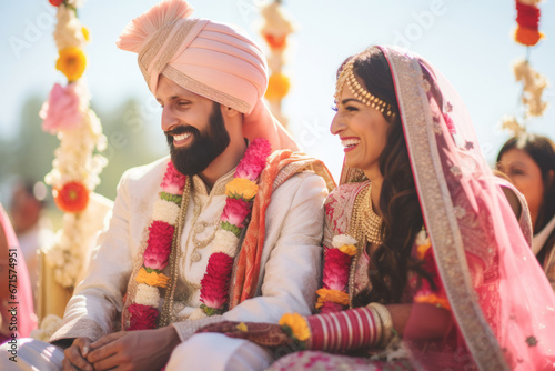 Indian bride and groom at amazing hindu wedding ceremony. Details of traditional indian wedding. Beautifully decorated hindu wedding accessories. Indian marriage traditions.