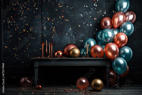 Konfetti i balony urodzinowe na ciemnym tle. 