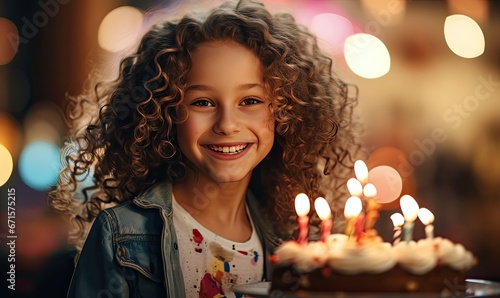 Szczęśliwa uśmiechnięta dziewczynka z tortem urodzinowym. 