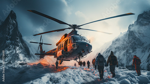 people climb snowy mountain road near rescue helicopter,