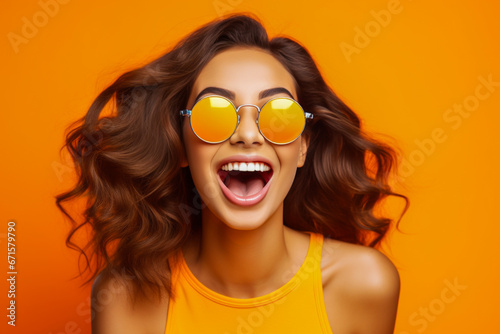 Exultant woman with opaque orange glasses.