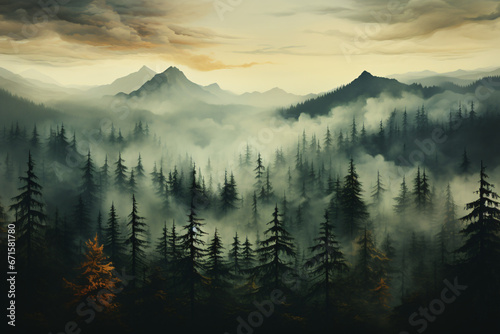 Misty autumn fir forest beautiful landscape in hipster vintage retro style, foggy mountains and trees. 
