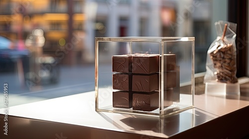 Chocolate cube in a store window at Biel, Bern canton, Switzerland. 