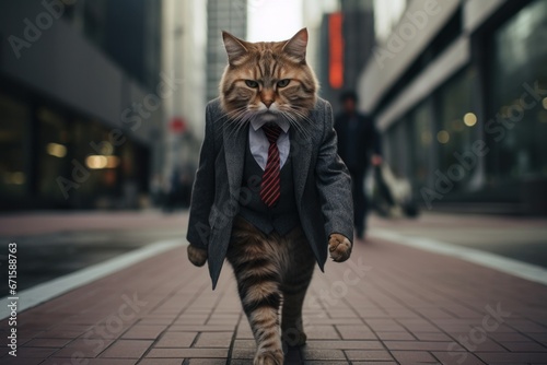 Business cat walking the city streets with purpose.