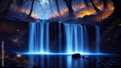 蛍のオレンジ色の光が乱舞する夜の神秘的な森にある美しい滝 AI生成画像
