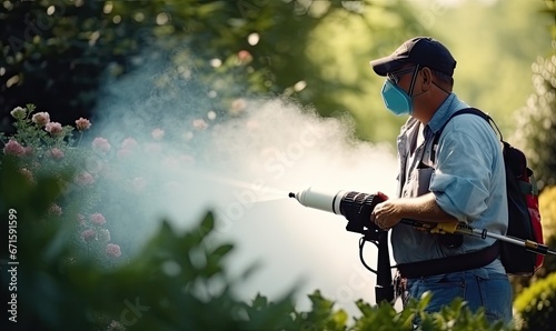 Spraying Weed Killer: A Man in Blue Shirt Tending to Garden